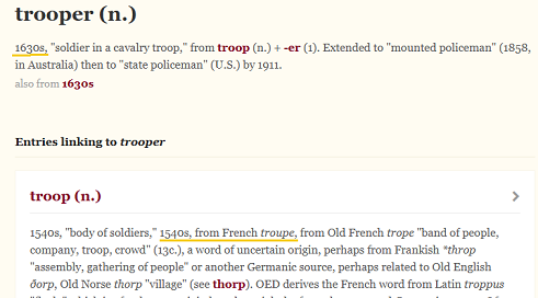 Etymology of 'trooper' and 'troop' from the Online Etymology Dictionary