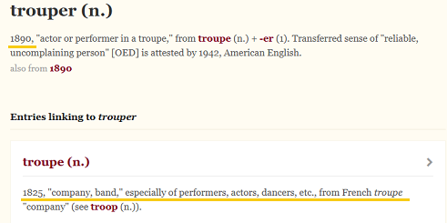 etymology of the word 'trouper' from the Online Etymology Dictionary